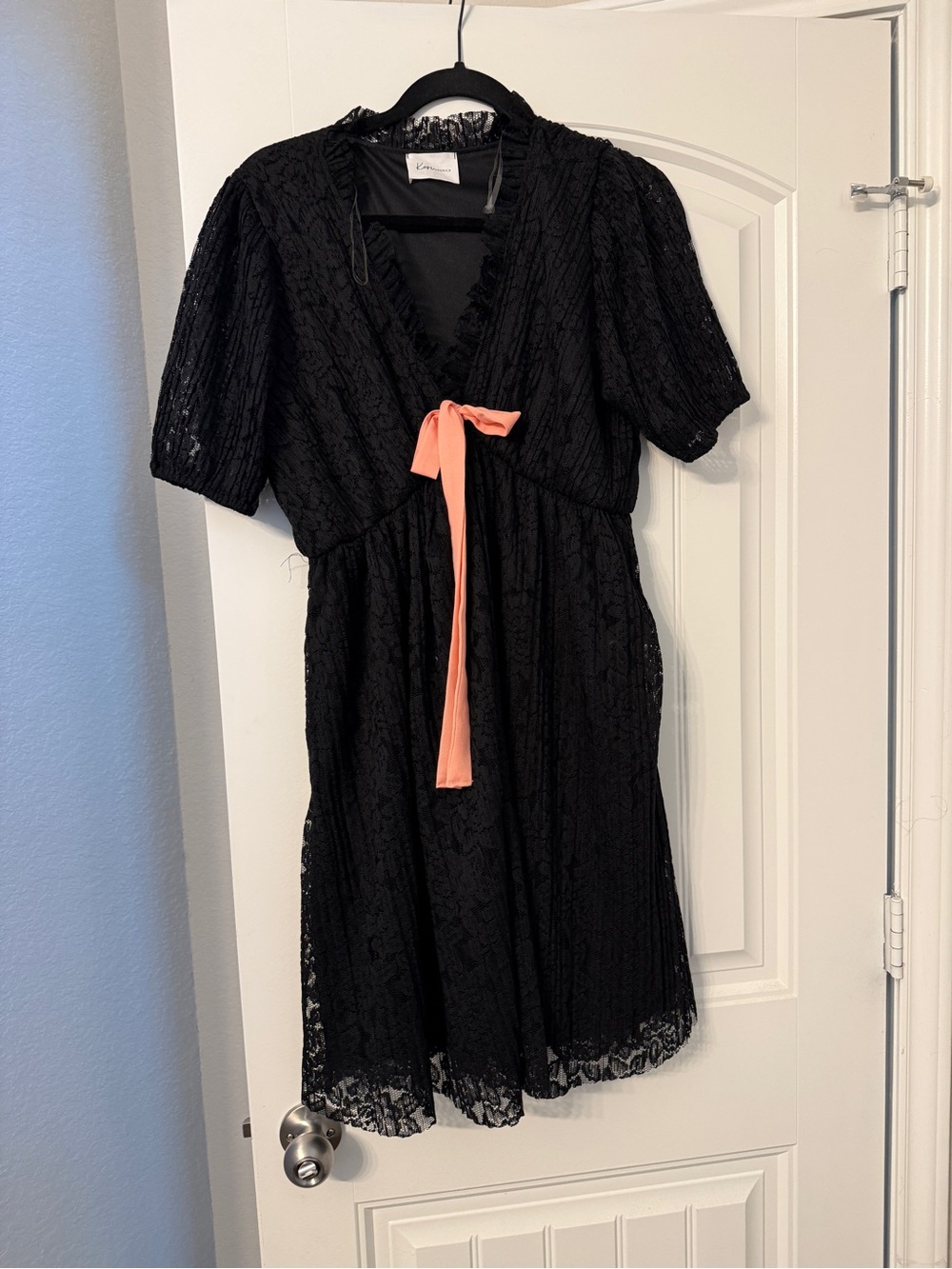 Kori Black Lace Dress with Coral Ribbon
